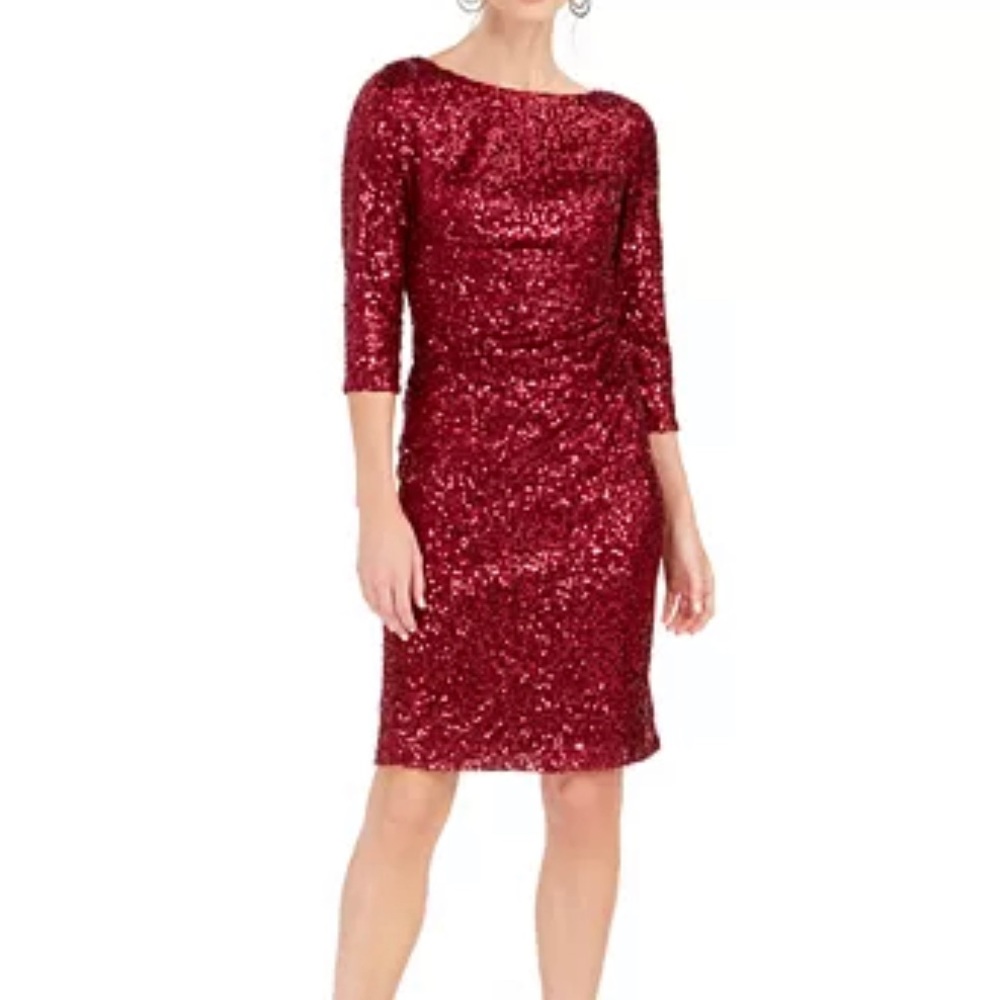 Jessica Howard Red Sequined Ruched Sheath Dress